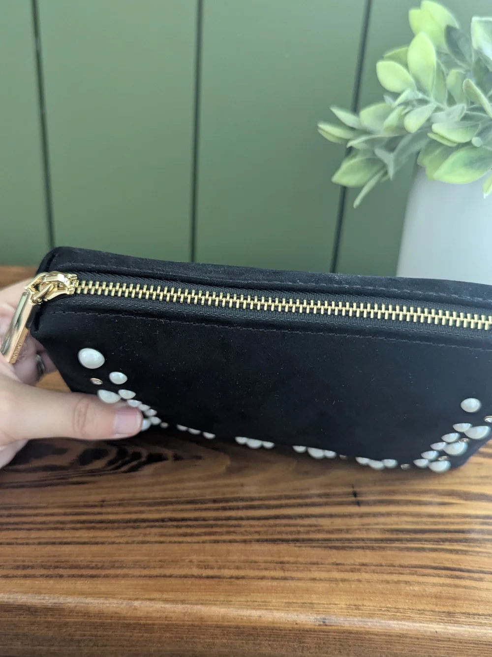 Black Pearl-Stud Suede Wristlet -